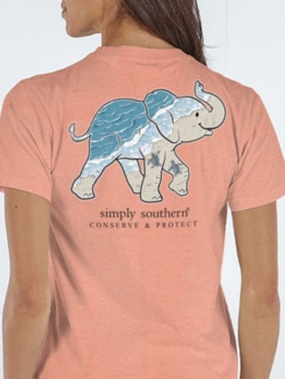 Simply Southern Coral Tee with Ocean-Pattern Elephant